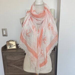 LOF CORAL AND WHITE FRINGED ANCHOR DETAILED SCARF